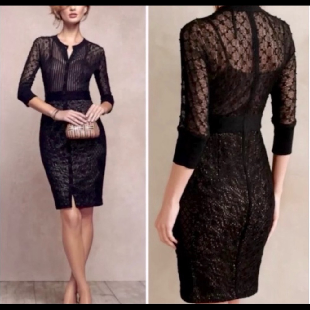 Byron Lars .. Anthropologie black knitted nude lined dress size 12 stretch
